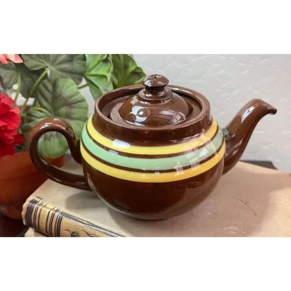Vintage ALB Pottery Brown Betty Individual TEAPOT Yellow Green Stripes Made in E - Picture 4 of 7